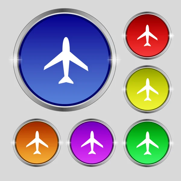 Airplane sign. Plane symbol. Travel icon. Flight flat label. Set colourful buttons. Vector — Stock Vector