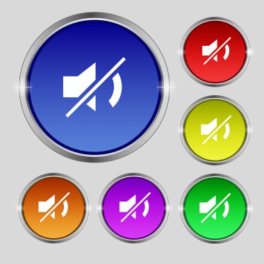 Mute speaker sign icon. Sound symbol. Set colourful buttons. Vector clipart