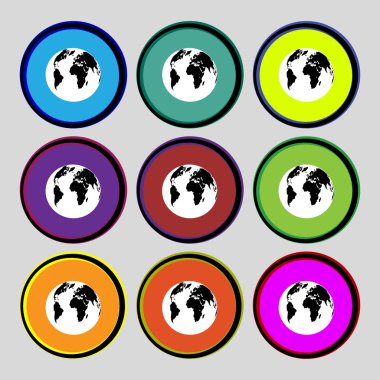 Küre işareti simgesi. Dünya harita Coğrafya sembolü. renkli düğmeler ayarlayın. vektör