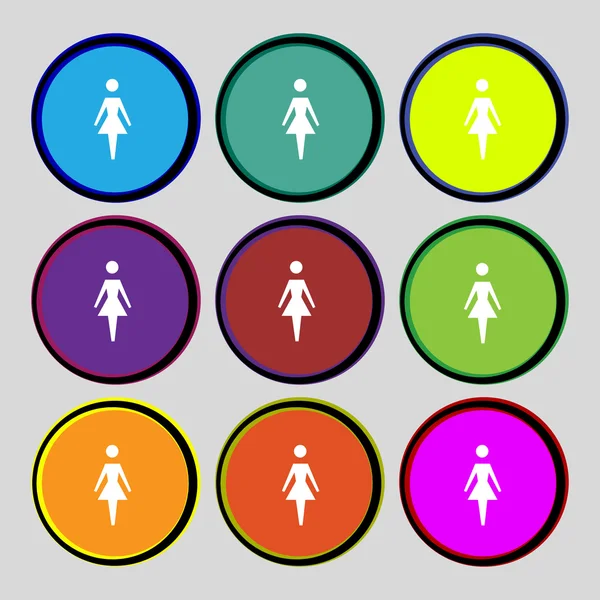 Vrouwelijke teken pictogram. vrouw mens symbool. vrouwen toilet. kleur knoppen instellen vector — Stockvector