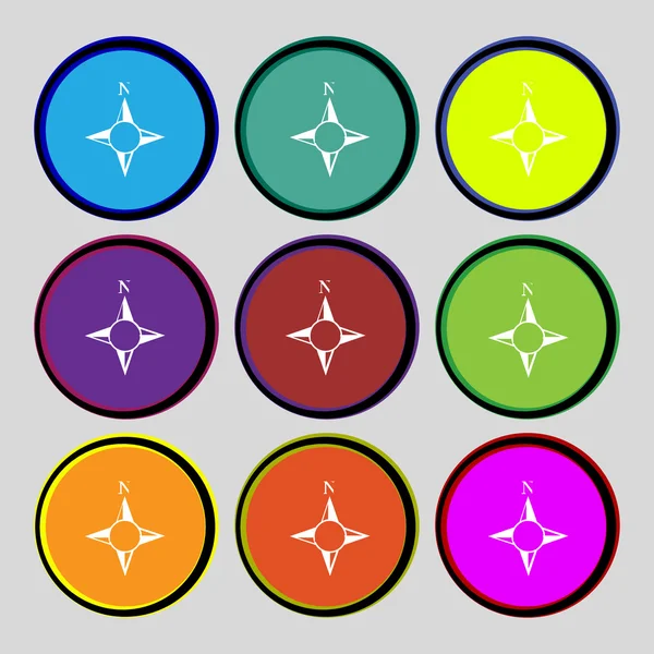 Compass sign icon. Windrose navigation symbol. Set colourful buttons. Vector — Stock Vector