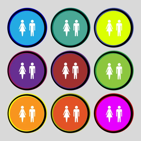WC sign icon. Toilet symbol. Male and Female toilet. Set colourful buttons. Vector — Stock Vector