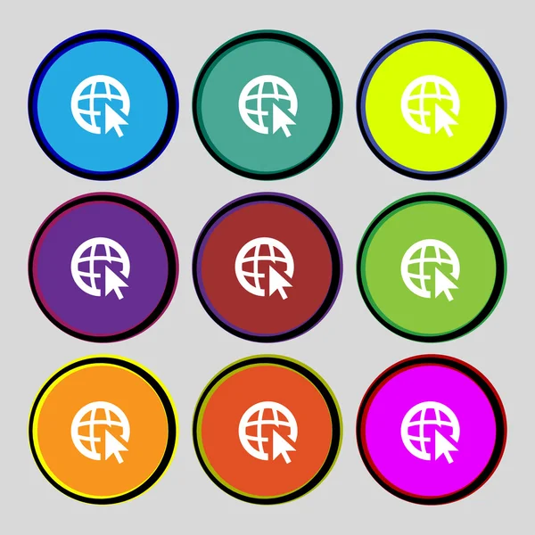 Ikona internet znak. symbol sieci World wide web. wskaźnik kursora. kolorowe przyciski wektor zestaw — Wektor stockowy