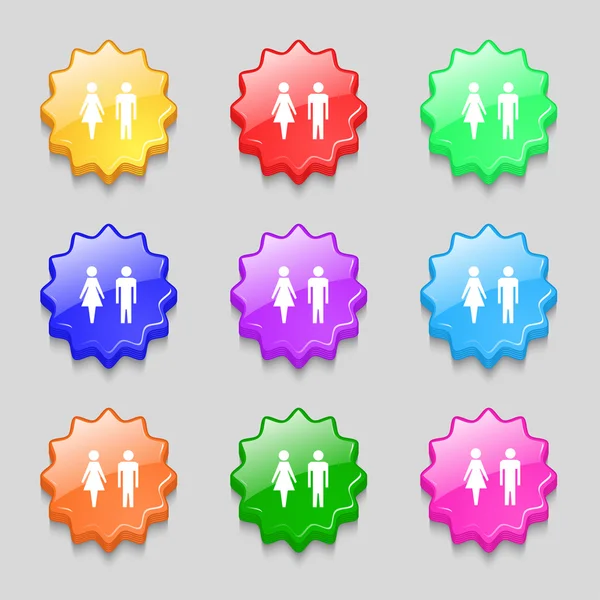 WC sign icon. Toilet symbol. Male and Female toilet. Set colourful buttons. Vector — Stock Vector