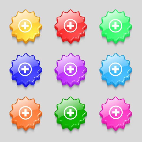 Plus sign icon. Positive symbol. Zoom in.Set colourful buttons. Vector — Stock Vector