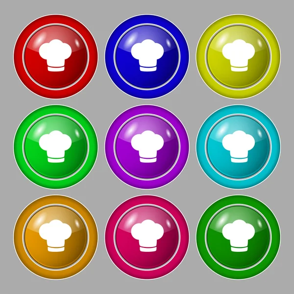 Chef sombrero signo icono. Símbolo de cocina. Sombrero de cocina. Establecer botones de colores Vector — Archivo Imágenes Vectoriales
