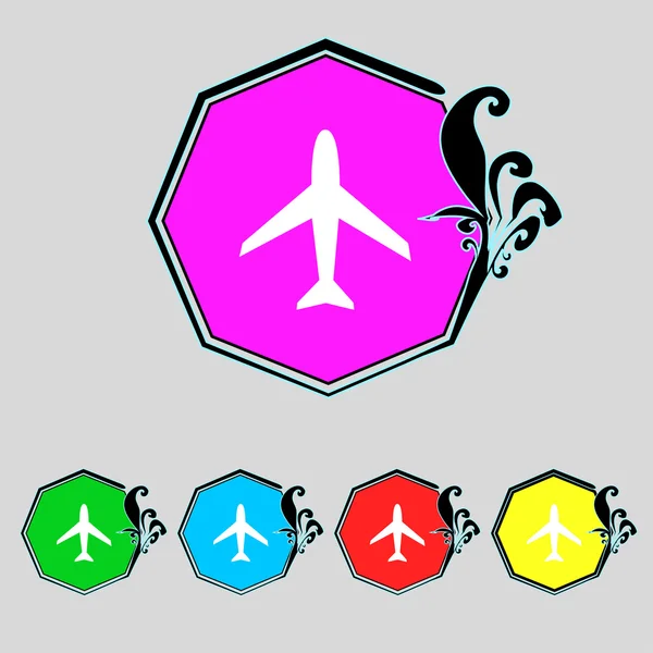 Airplane sign. Plane symbol. Travel icon. Flight flat label. Set colourful buttons. Vector — Stock Vector