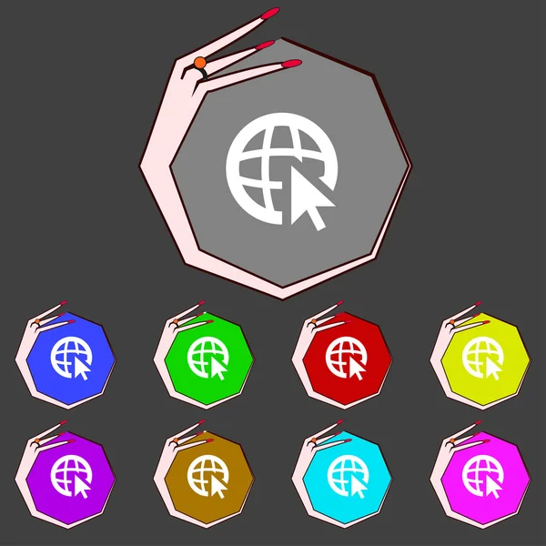 Internet sign icon. World wide web symbol. Cursor pointer. Set colourful buttons Vector — Stock Vector