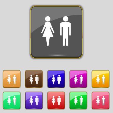 WC işareti simgesi. tuvalet simgesi. kadın ve erkek tuvalet. renkli düğmeler ayarlayın. vektör