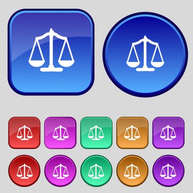 Adalet işareti simgesi ölçekler. Mahkeme hukuk sembolü. renkli düğmeler ayarlayın. vektör