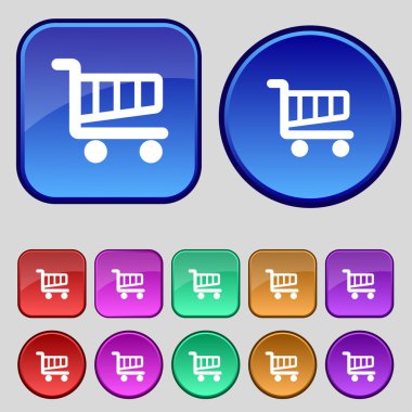 alışveriş sepeti işareti simgesi. Online satın alma düğme. renkli düğmeler ayarlayın. vektör