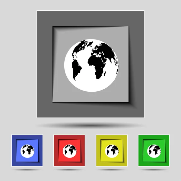Ikona zeměkoule podepsat. Světová mapa geografie symbol. sada barevných tlačítek. vektor地球の記号アイコン。世界地図の地理学のシンボルです。カラフルなボタンを設定します。ベクトル — ストックベクタ