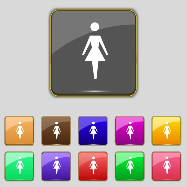 Female sign icon. Woman human symbol. Women toilet. Set colour buttons. Vector — Stock Vector
