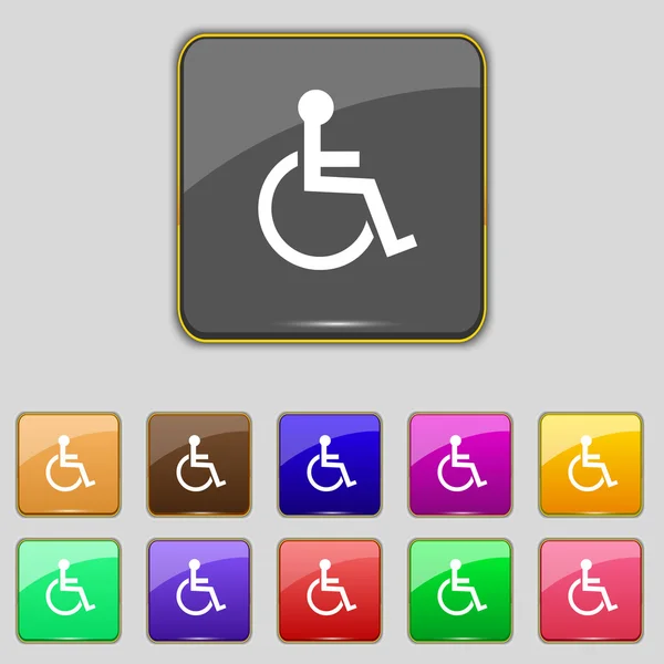 Icône de signe désactivé. Symbole humain en fauteuil roulant. Panneau invalide pour handicapés. Set boutons colorés vecteur — Image vectorielle