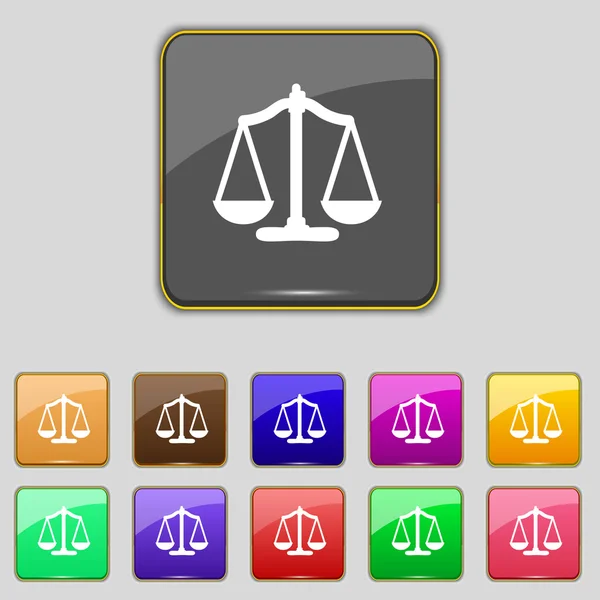 Scales of Justice sign icon. Court law symbol. Set colourful buttons. Vector — Stock Vector