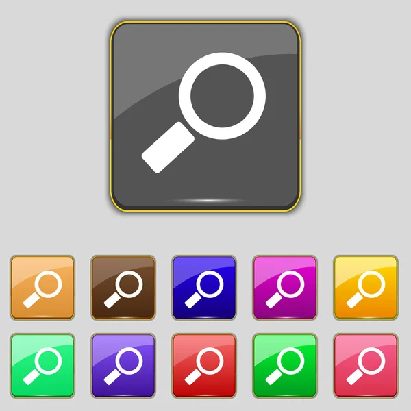 Ícone de sinal de lupa. Botão de ferramenta Zoom. Símbolo de navegação. Definir botões coloridos. Vetor — Vetor de Stock