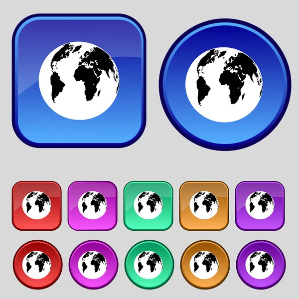 Globe sign icon. World map geography symbol. Set colourful buttons. Vector