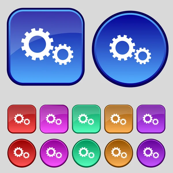 Cog settings sign icon. Cogwheel gear mechanism symbol. Set colourful buttons. Vector — Stock Vector