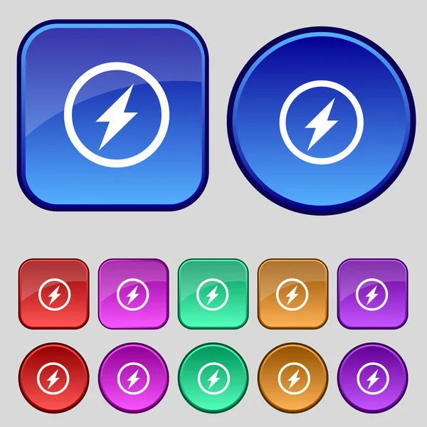 Icono de signo de flash foto. Símbolo del rayo. Establecer botones de colores. Vector — Vector de stock