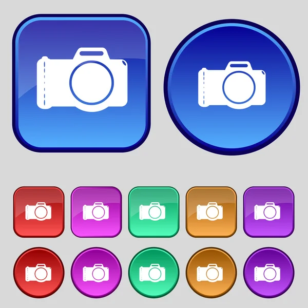 Icône de signe appareil photo. Symbole numérique. Définir des boutons colorés. Vecteur — Image vectorielle