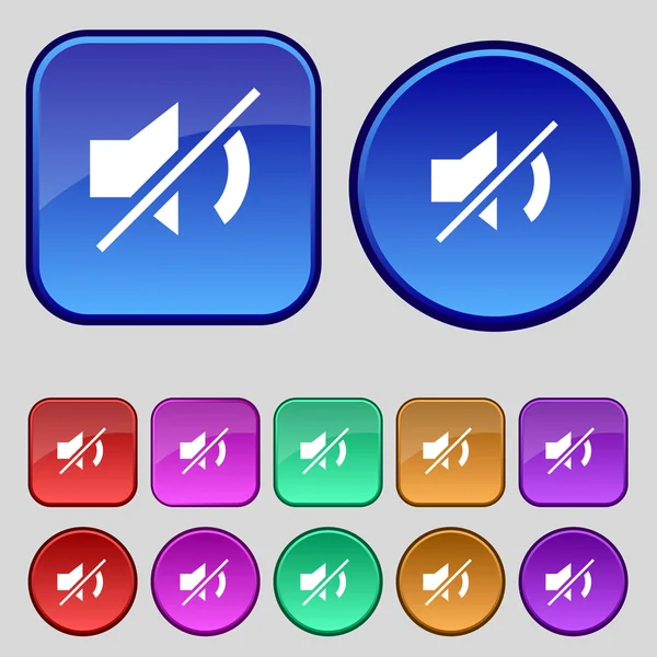 Mute speaker sign icon. Sound symbol. Set colourful buttons. Vector — Stock Vector