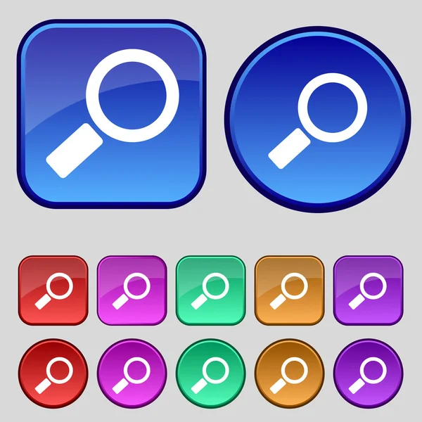 Loupe icône de signe en verre. Bouton Zoom outil. Symbole de recherche navigation. Définir des boutons colorés. Vecteur — Image vectorielle