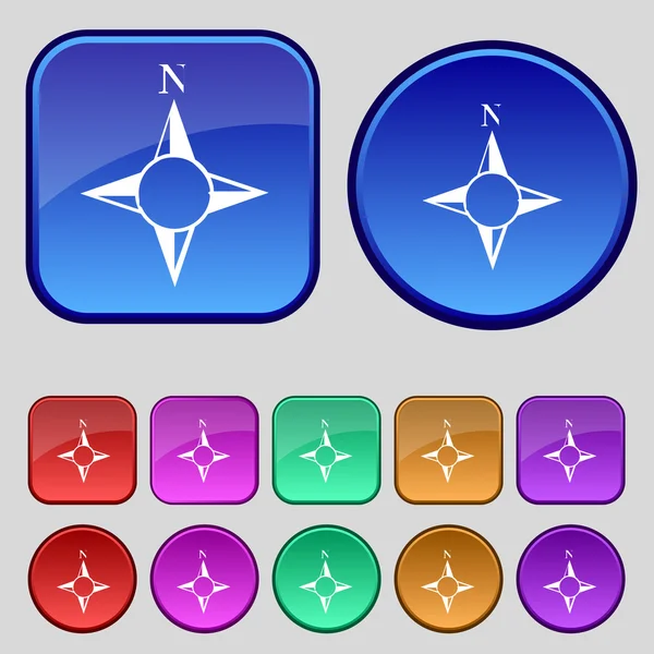 Kompass tecken ikon. Windrose navigering symbol. Ange färgglada knappar. vektor — Stock vektor