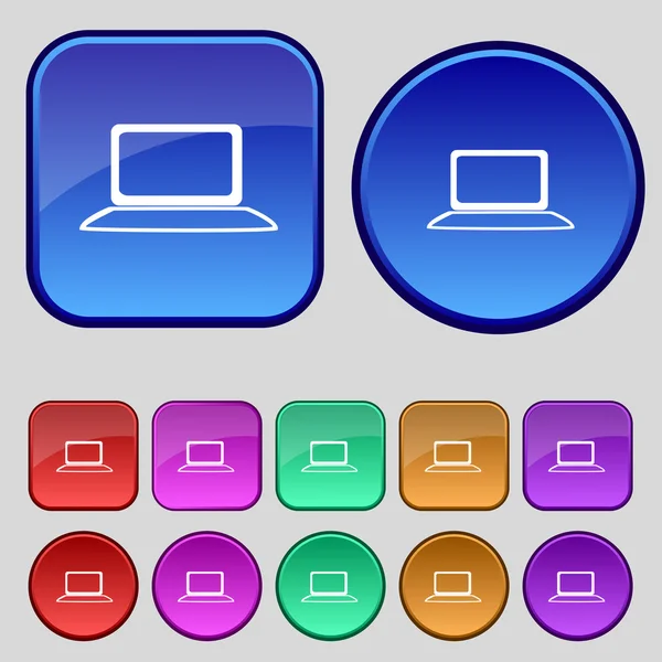 Laptop teken pictogram. notebook pc met grafiek symbool. toezicht. kleurrijke knoppen instellen vector — Stockvector