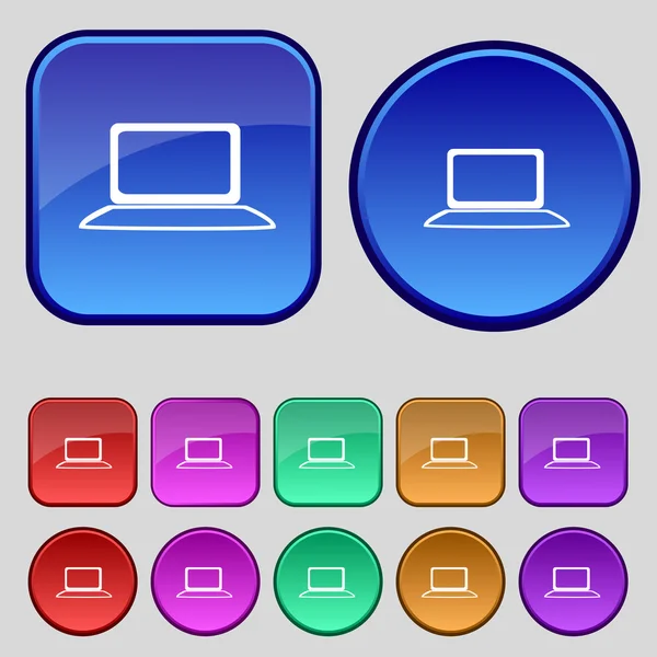 Laptop-Zeichen-Symbol. Notizbuch-PC mit Diagrammsymbol. Überwachung. Setzen Sie bunte Knöpfe. Vektor — Stockvektor