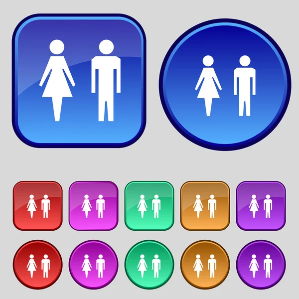 Icono de signo de WC. Símbolo sanitario. Baño masculino y femenino. Establecer botones de colores. Vector — Archivo Imágenes Vectoriales