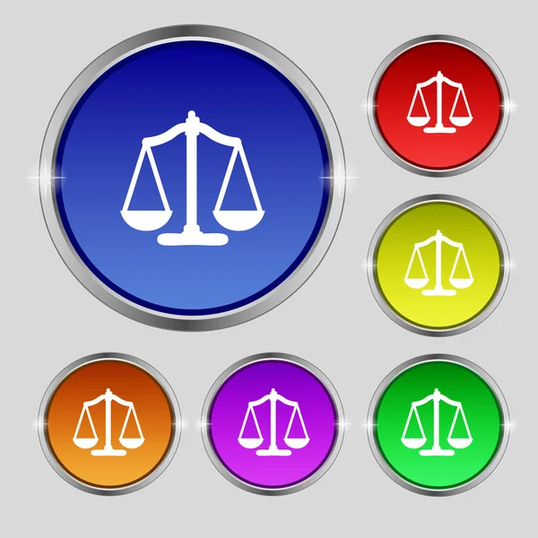 Icono de signo de Escalas de Justicia. Símbolo judicial. Establecer botones de colores. Vector — Vector de stock