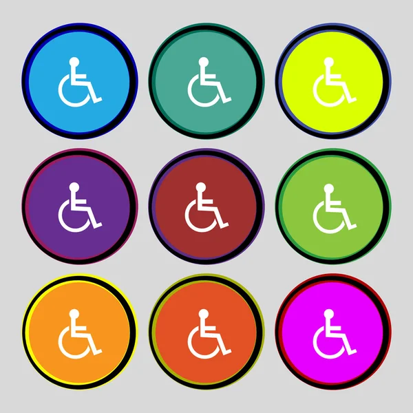 Icône de signe désactivé. Symbole humain en fauteuil roulant. Panneau invalide pour handicapés. Set boutons colorés vecteur — Image vectorielle