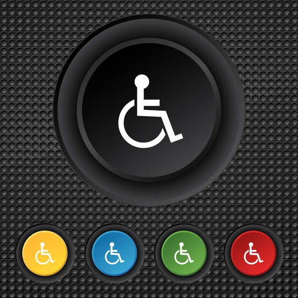 Disabled sign icon. Human on wheelchair symbol. Handicapped invalid sign. Set colourful buttons Vector — Stock Vector