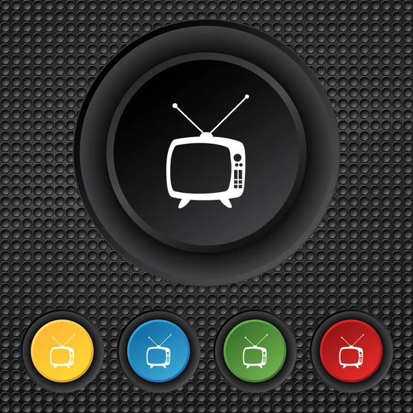 Retro tv modus teken pictogram. televisietoestel symbool. kleurrijke knoppen instellen hand cursor aanwijzer vector — Stockvector