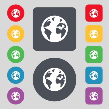 Küre işareti simgesi. Dünya harita Coğrafya sembolü. küre üzerinde çalışmak için stand. colur düğmeleri ayarlayın. vektör