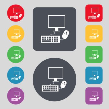 bilgisayar geniş ekran monitör, klavye ve fare işareti simgesi. renkli düğmeler ayarlayın. vektör