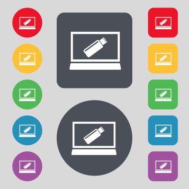 USB flash sürücü ve monitör simgesini işaret. video oyunu simgesi. renkli düğmeler ayarlayın. vektör