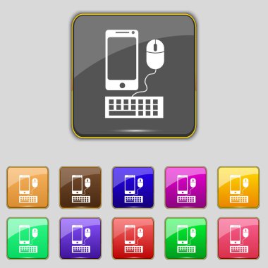 Smartphone geniş ekran monitör, klavye ve fare işareti simgesi. renkli düğmeler ayarlayın. vektör