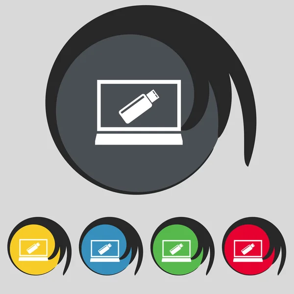 Unidad flash USB y el icono de signo de monitor. Símbolo de videojuego. Establecer botones de colores. Vector — Archivo Imágenes Vectoriales