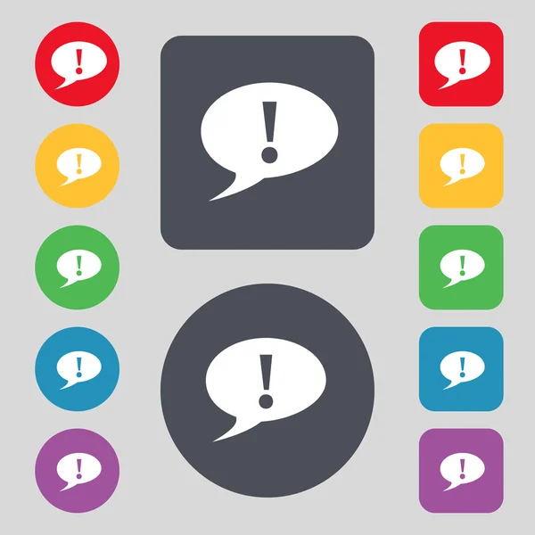 Exclamation mark sign icon. Attention speech bubble symbol. Set colourful buttons. Vector — Stock Vector