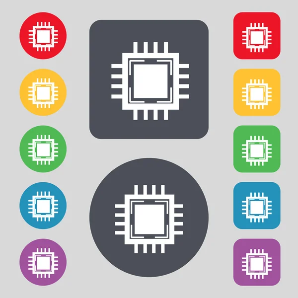 Unità centrale di elaborazione Icona. Schema tecnologico simbolo del cerchio. Impostare pulsanti colorati. Vettore — Vettoriale Stock