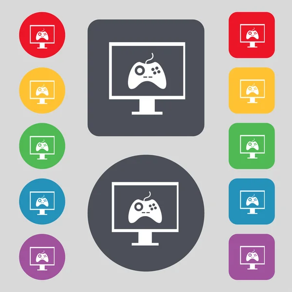 Joysticka i monitor ikona znak. symbol gier wideo. zestaw kolorowych przycisków. wektor — Wektor stockowy
