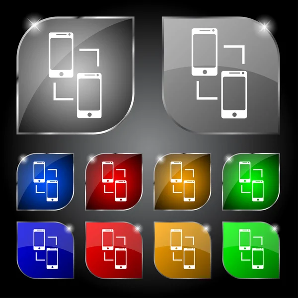 Synchronisatie teken pictogram. smartphones sync symbool. uitwisseling van gegevens. colur knoppen instellen vector — Stockvector