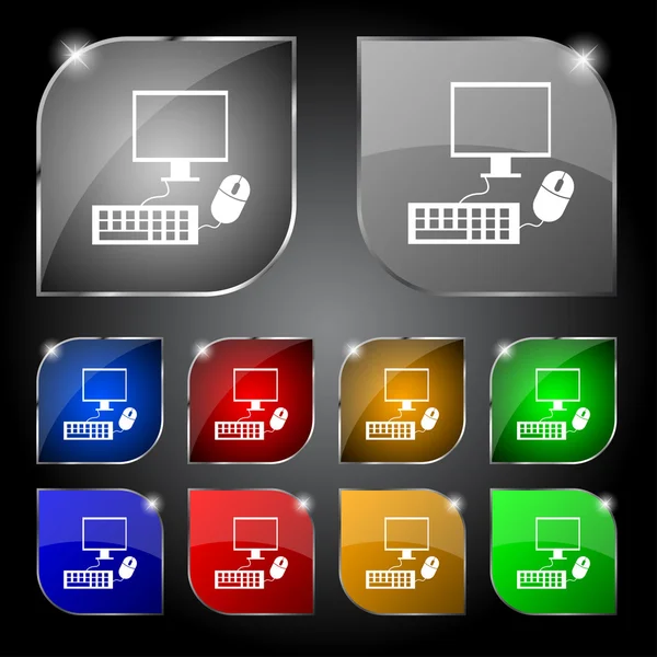 Monitor widescreen del computer, tastiera, icona del segno del mouse. Impostare pulsanti colorati. Vettore — Vettoriale Stock