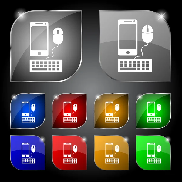 Monitor widescreen smartphone, teclado, ícone de sinal do mouse. Definir botões coloridos. Vetor — Vetor de Stock