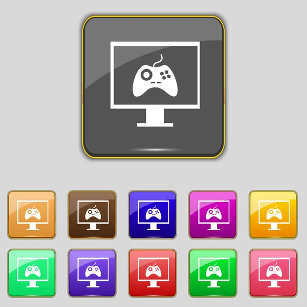 Joystick and monitor sign icon. Video game symbol. Set colourful buttons. Vector — Stock Vector