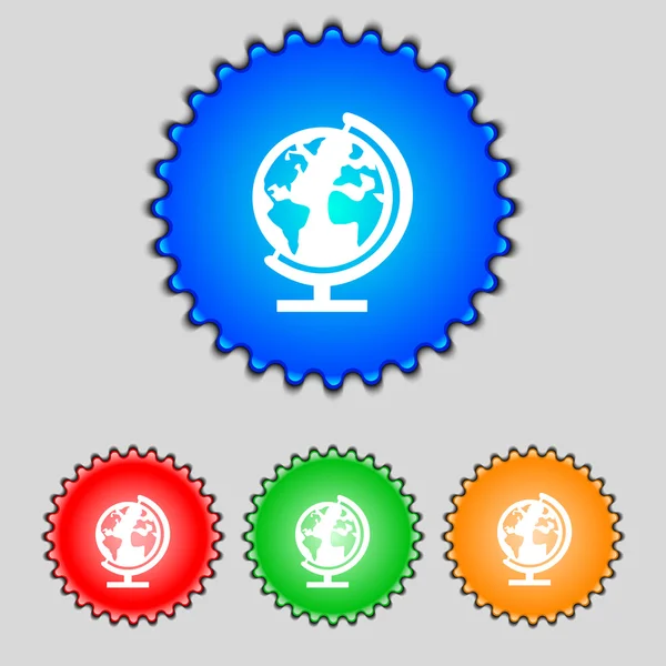 Wereldbol teken icoon. wereld kaart geografie symbool. Globes op stand voor de studie. colur knoppen instellen vector — Stockvector