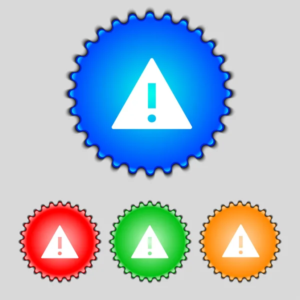 Attention sign icon. Exclamation mark. Hazard warning symbol. Set colourful buttons Vector — Stock Vector