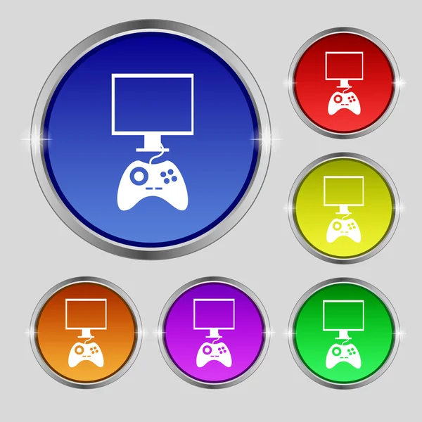 Joystick y monitor icono de signo. Símbolo de videojuego. Establecer botones de colores. Vector — Vector de stock