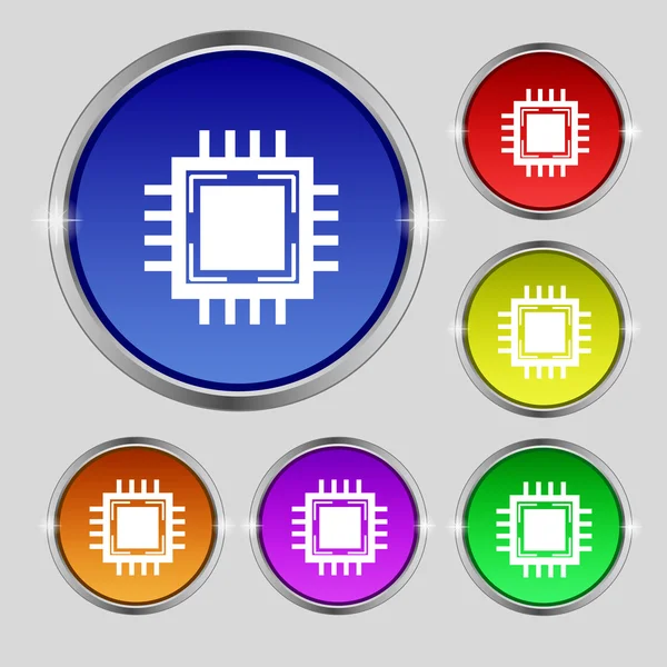 Unité centrale de traitement Icône. Schéma technologique symbole cercle. Définir des boutons colorés. Vecteur — Image vectorielle